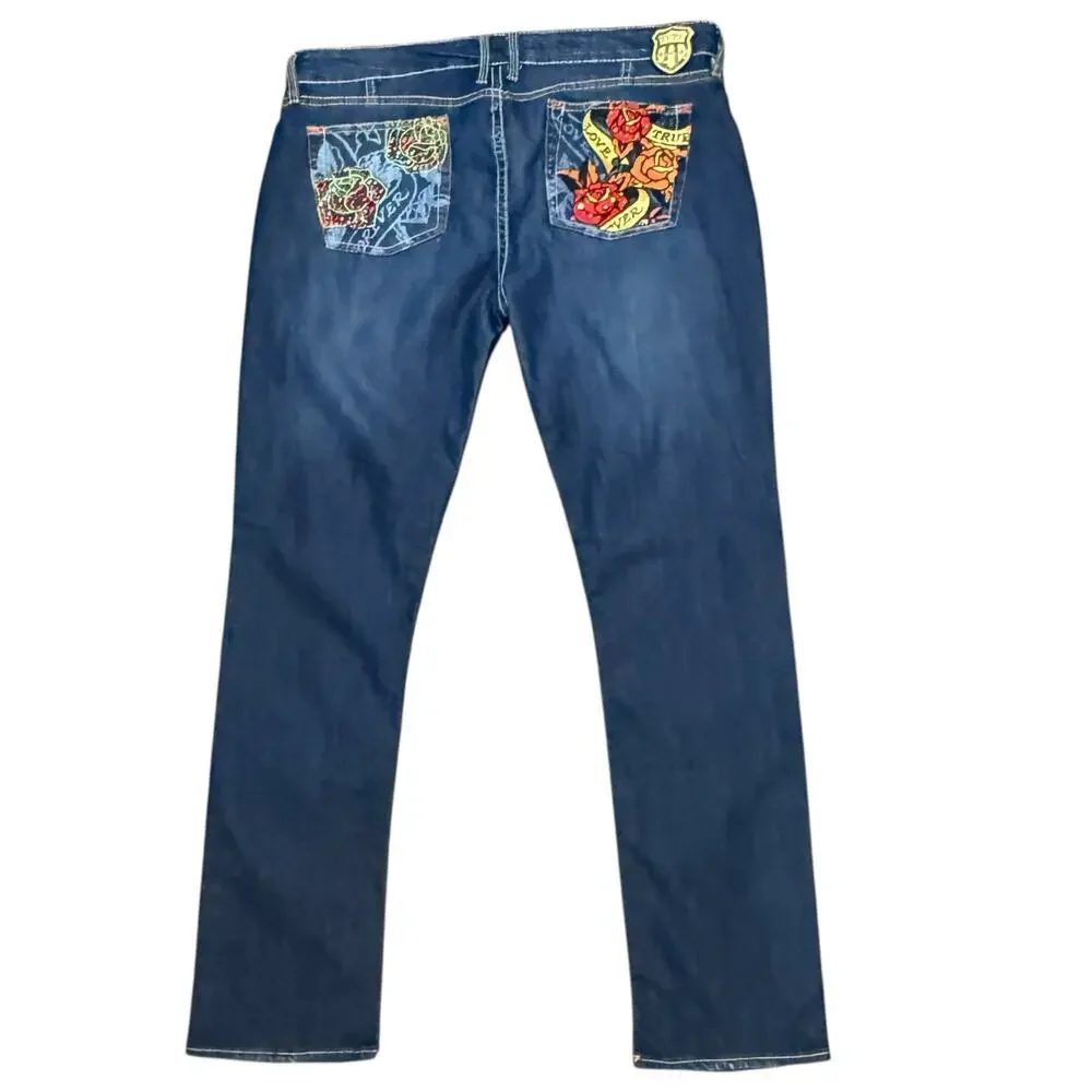 Pepe Jeans Dark Wash Jeans Womens Straight Rose Embroidered 5 Pocket Denim Sz 34